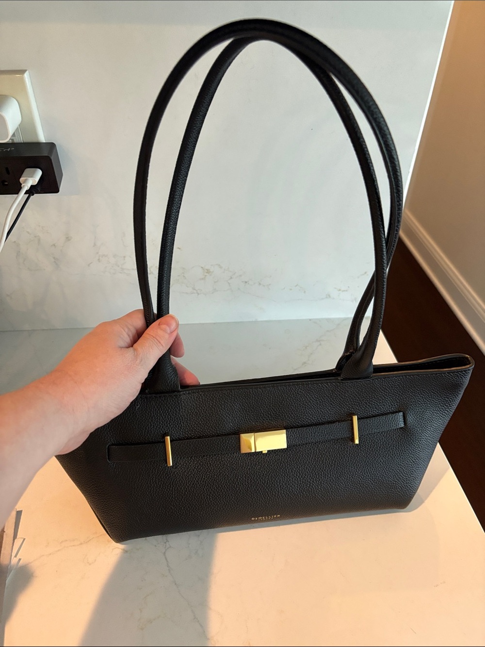 Demellier Black Leather Shoulder Tote with Gold Hardware